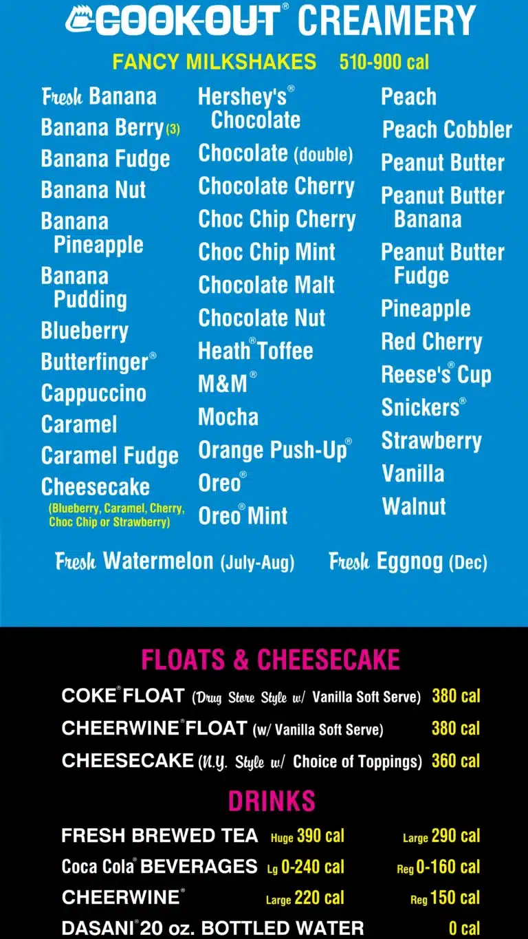 Cookout Milkshakes menu